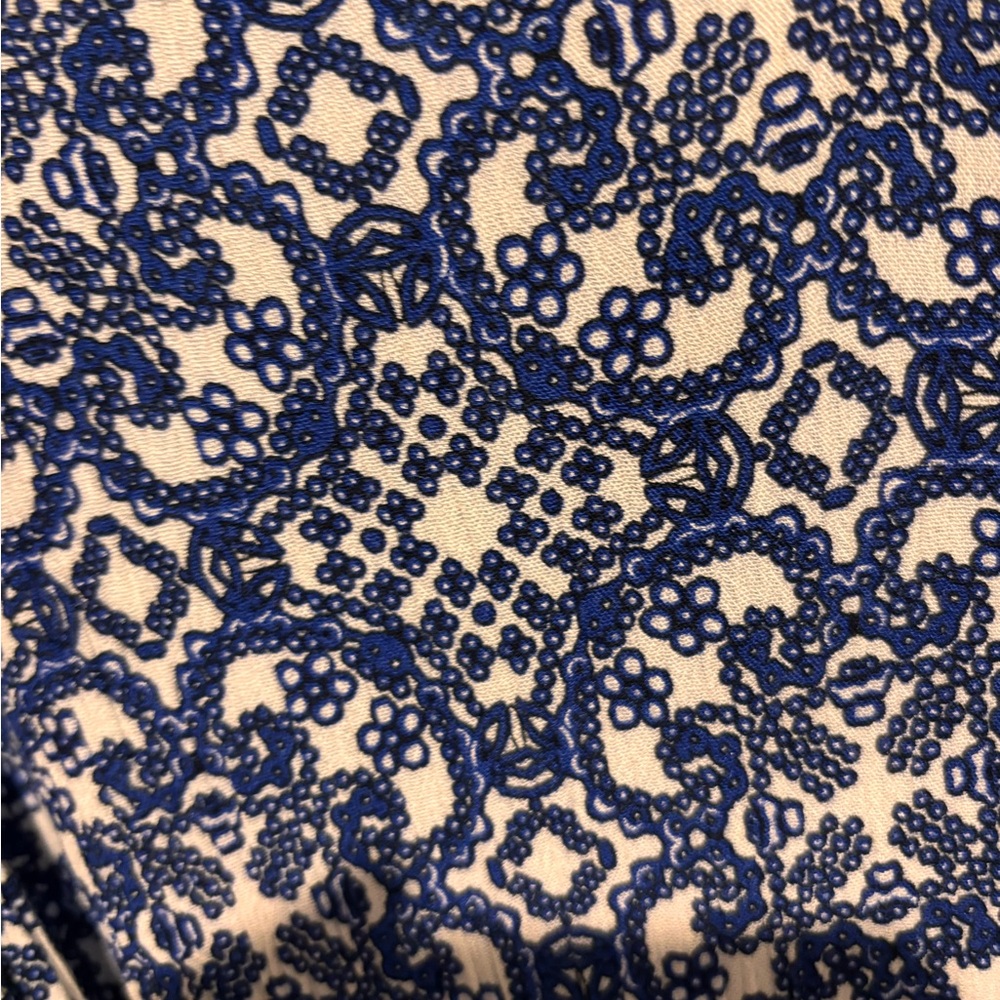 Stretchy Blue & White Printed Women's Dress with bell sleeves & tie - Picture 6 of 8